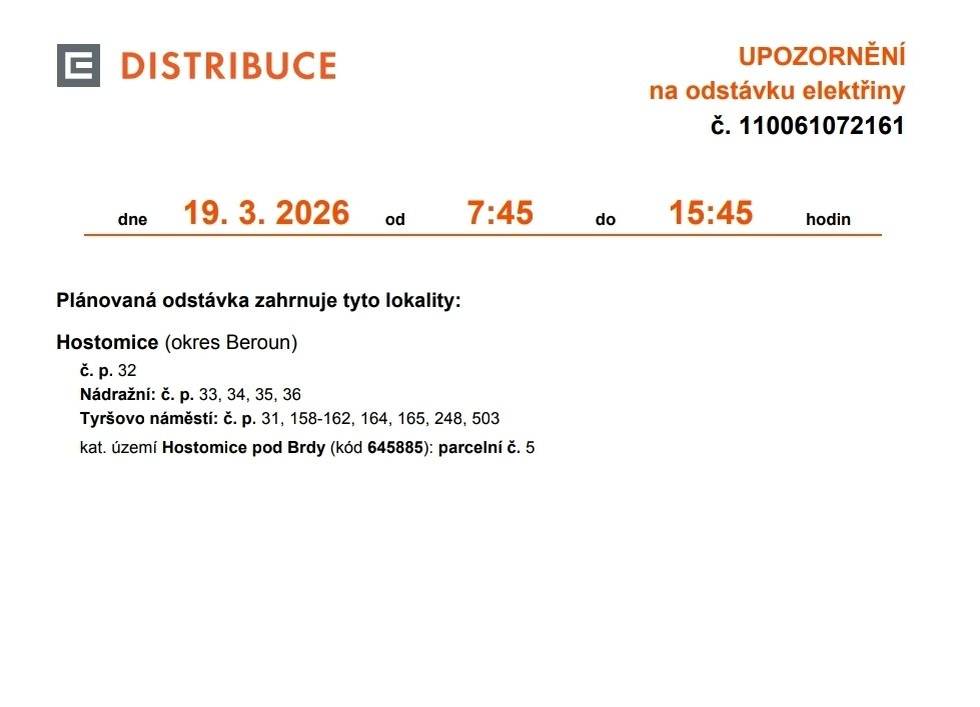 Dne 19. 3. 2026 bude z technických důvodů celý MěÚ Hostomice vč. knihovny uzavřen - odstávka elektřiny. Informace o odstávce v příloze.