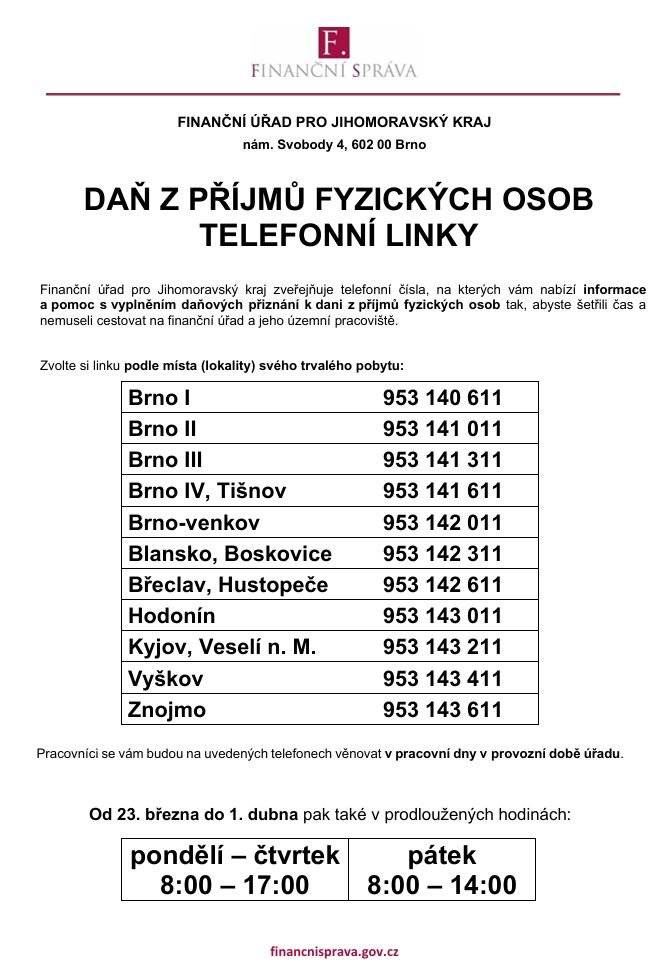 Finanční úřad pro Jihomoravský kraj informuje občany o možnostech, jak získat pomoc při vyplňování přiznání k dani z příjmů:   Finanční správa zřídila telefonní linky pro dotazy k dani z příjmů, kde pracovníci úřadu odpovídají na dotazy občanů.   Pracovníci finančního úřadu budou také vyjíždět do některých obcí, kde občanům přímo na místě poradí a pomohou s vyplněním daňového přiznání.   Od 23. března do 1. dubna 2026 budou na všech pracovištích finančního úřadu prodloužené úřední hodiny.   Další informace a odpovědi na časté dotazy jsou dostupné na webu Finanční správa České republiky: financnisprava.gov.cz.