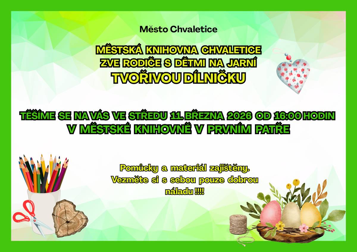 Jarní tvořivá dílnička PŘELOŽENA z důvodu onemocnění lektorky ze středy 11.3.2026 na středu 25.3.2026.