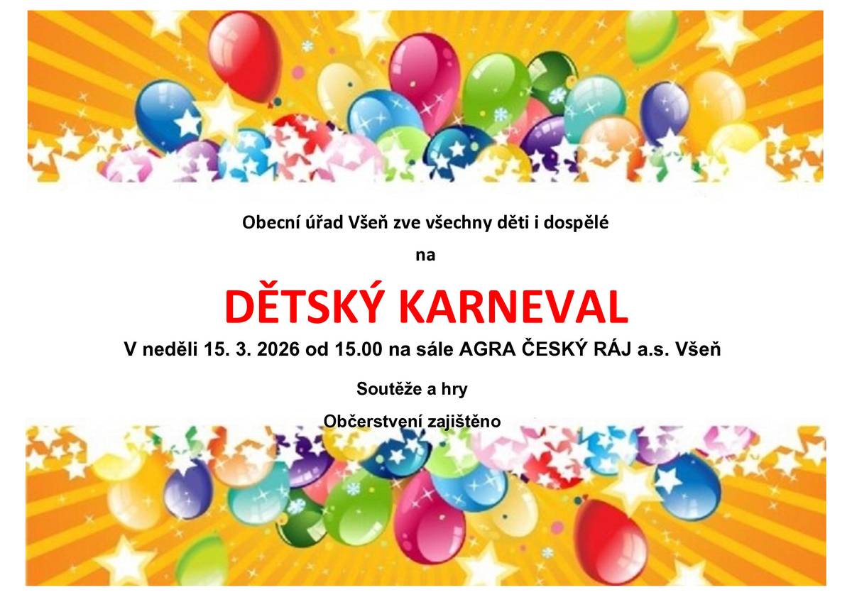 Dětský karneval se uskuteční tuto neděli 15. 3. 2026 od 15:00h  na sále  AGRA Český ráj a.s.