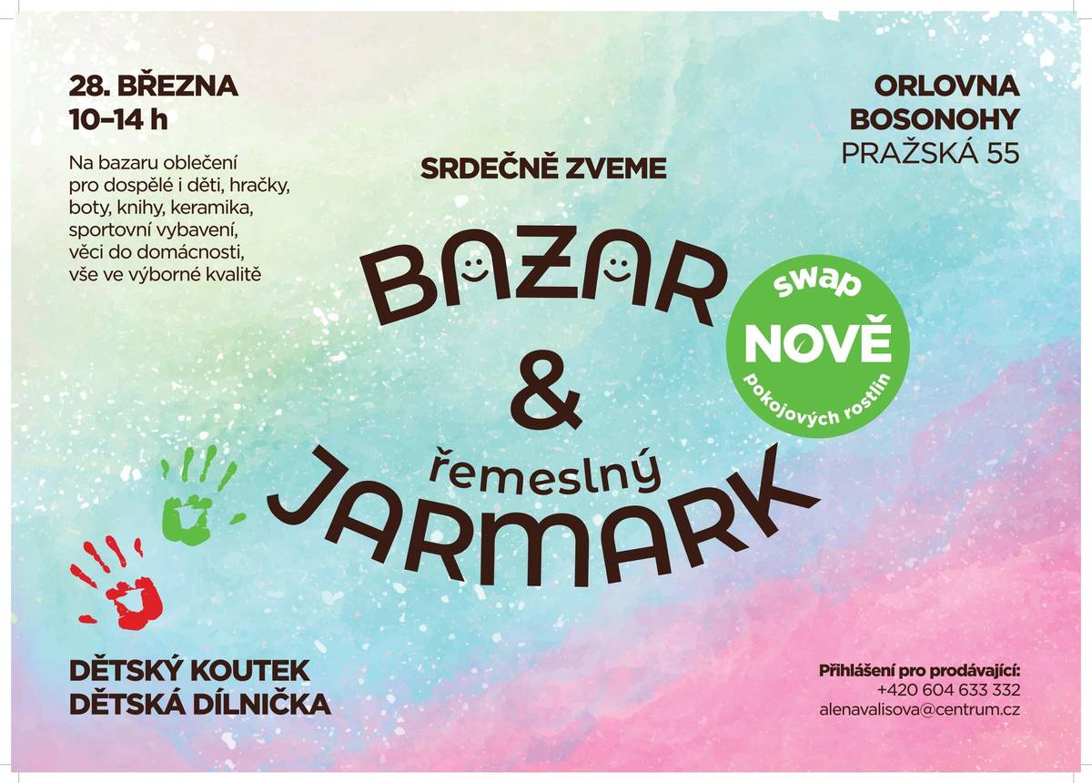 Přijďte si užít sobotní dopoledne plné objevů, výměn a inspirace. 📅 28. 3. 2026 ⏰ 10:00–14:00 📍 Orlovna Bosonohy 🛍 Bazar oblečení, hraček, knih, bot, keramiky, sportovních potřeb a věcí do domácnosti 🧶 Řemeslný jarmark 🌱 Swap pokojových rostlin – přineste řízky nebo rostliny a odneste si nové 👧 Dětský koutek a dílnička Těšíme se na vás!