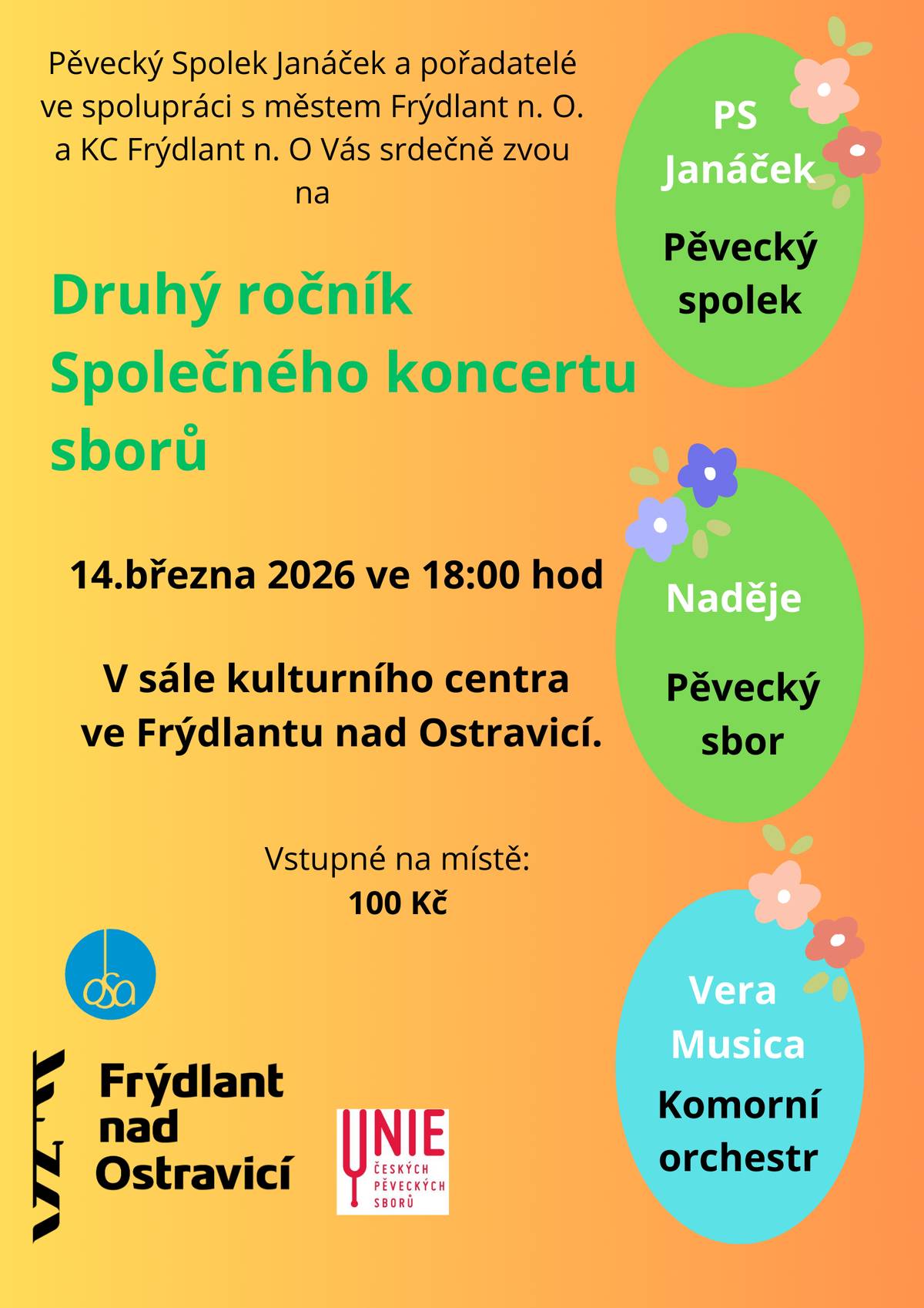 Již tuhle sobotu, 14. března 2026 se v sále Kulturního centra ve Frýdlantu nad Ostravicí uskuteční druhý ročník Společného koncertu sborů, který navazuje na úspěšný loňský hudební večer. Na pódiu se představí Pěvecký spolek Janáček, místní sbor Naděje a komorní orchestr Vera Musica z Frýdku-Místku. Návštěvníky čeká zajímavý program sborových skladeb a příjemná atmosféra plná hudby a zpěvu.  Společné koncerty se postupně stávají hezkou tradicí, která propojuje nejen zpěváky, ale také milovníky hudby z celého regionu. 📅 14. března 2026 📍 Sál Kulturního centra Frýdlant nad Ostravicí 💸 Vstupné: 100 Kč Přijďte si užít společný hudební večer ✨