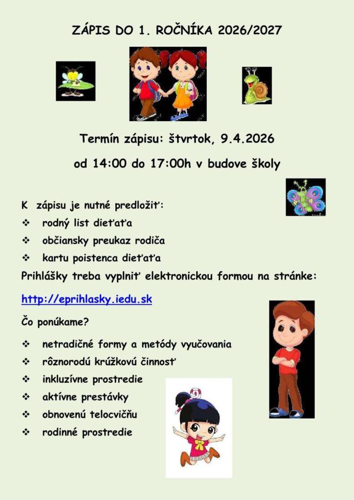 vo štvrtok 9. apríla 2026  od 14:00 do 17:00 v budove školy