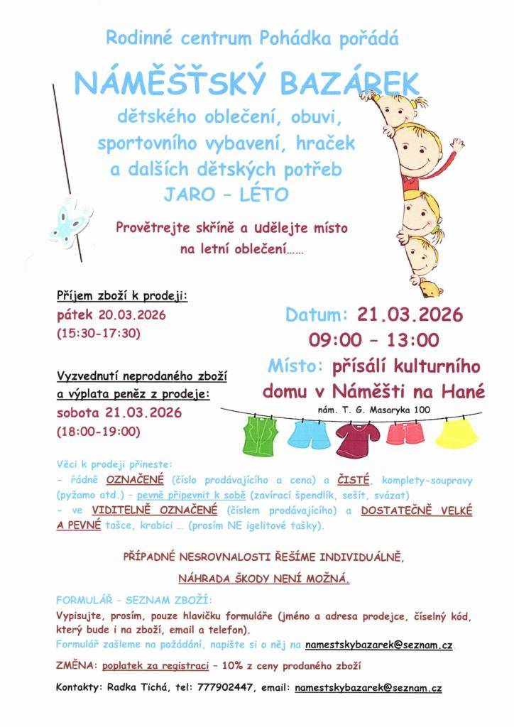 Náměšťský bazárek použitého dětského oblečení, obuvi, sportovního vybavení, hraček a dalších dětských potřeb 21.3.2026