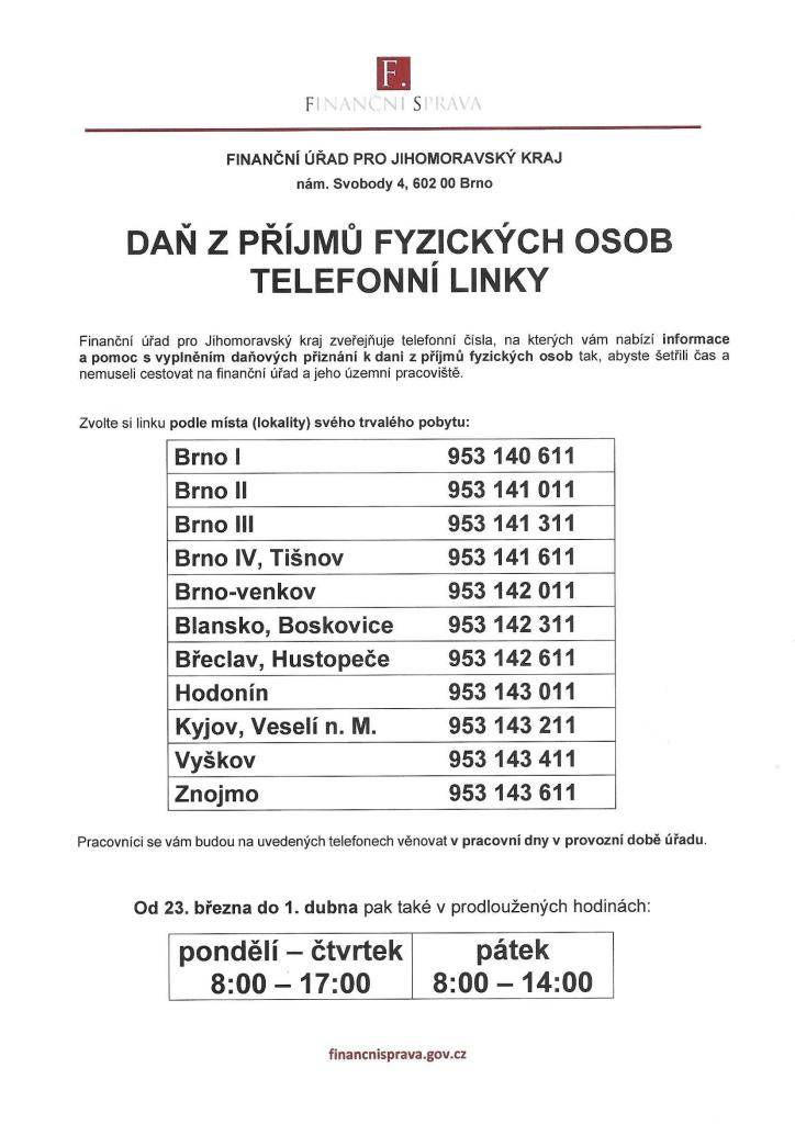 Finanční úřadu pro Jihomoravský kraj zveřejňuje telefonní linky pro zodpovídání dotazů z oblasti daně z příjmů a výjezdy do obcí.