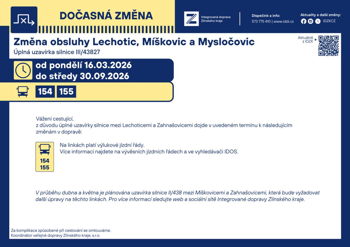 V příloze Vám zasíláme informace ke změnám v organizaci veřejné dopravy, která se týká linek s vazbou na naši obec.    Výlukové jízdní řády budou k dispozici na stránkách www.idzk.cz.