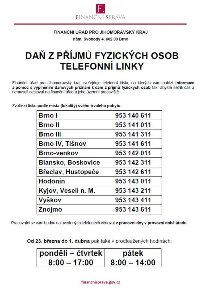 Finanční správa pro Jihomoravský kraj zveřejňuje čísla, na kterých Vám nabízí informace a pomoc s vyplněním daňových přiznání k dani z příjmů fyzických osob, tak abyste šetřili čas a nemuseli cestovat na finanční úřad a jeho územní pracoviště.   pro Blansko, Boskovice tel: 953 142 311