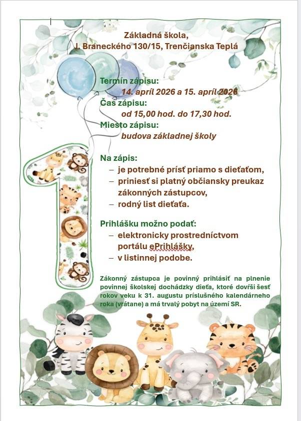 Informujeme o zápise detí do 1. ročníka