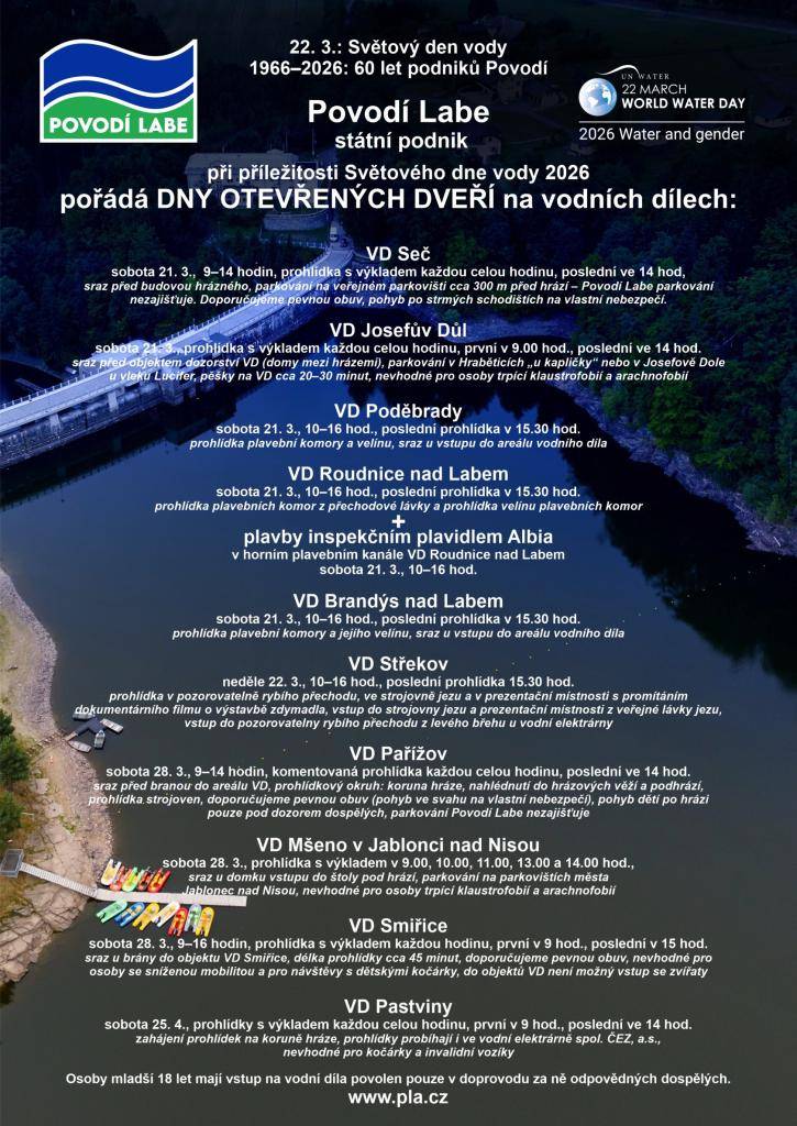 Povodí Labe při příležitosti Světového dne vody 2026 pořádá Dny otevřených dveřích na vodních dílech.