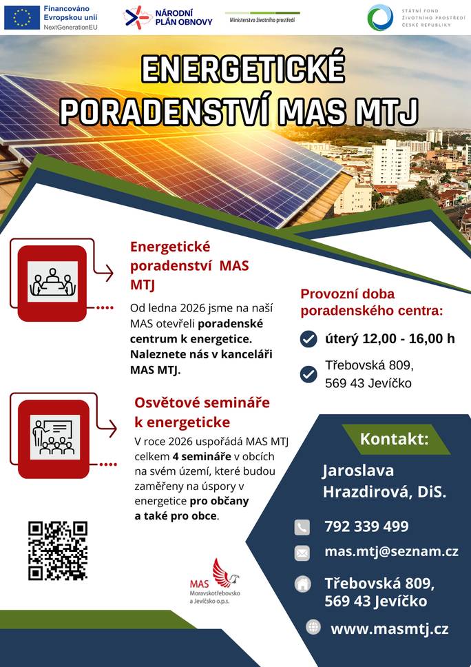 Informujeme občany o možnosti využít bezplatné energetické poradenství MAS MTJ.  Bližší informace naleznete v přiloženém letáčku: