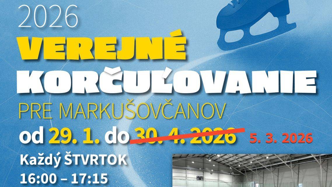 Obec Markušovce ukončuje projekt „Verejné korčuľovanie pre Markušovčanov“ v tréningovej hale Zimného štadióna v Spišskej Novej Vsi predčasne (11. 3. 2026).