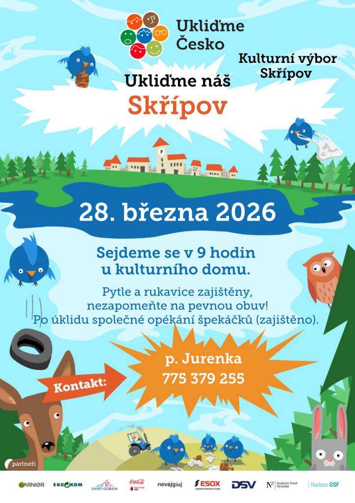 Kulturní výbor Skřípov pořádá 28.3.2026 úklid naší obce.  Sejdeme se v 9 hodin u kulturního domu.