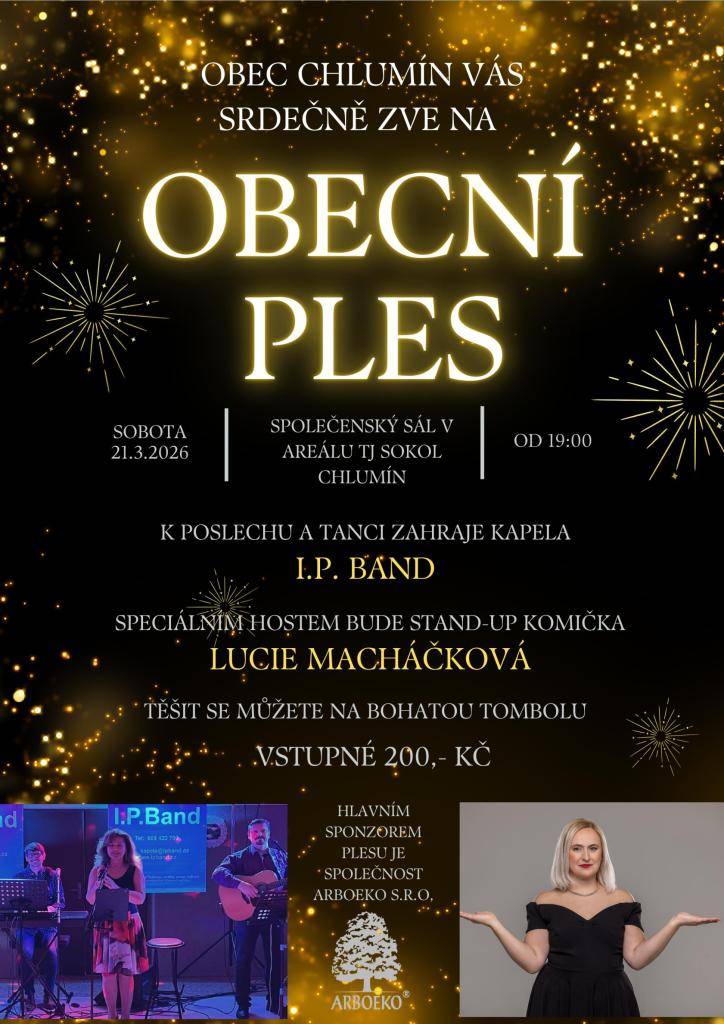 OBECNÍ PLES v sobotu 21.03.2026 od 19:00 hod.  Sál TJ Sokol Chlumín  Vstupné 200 Kč