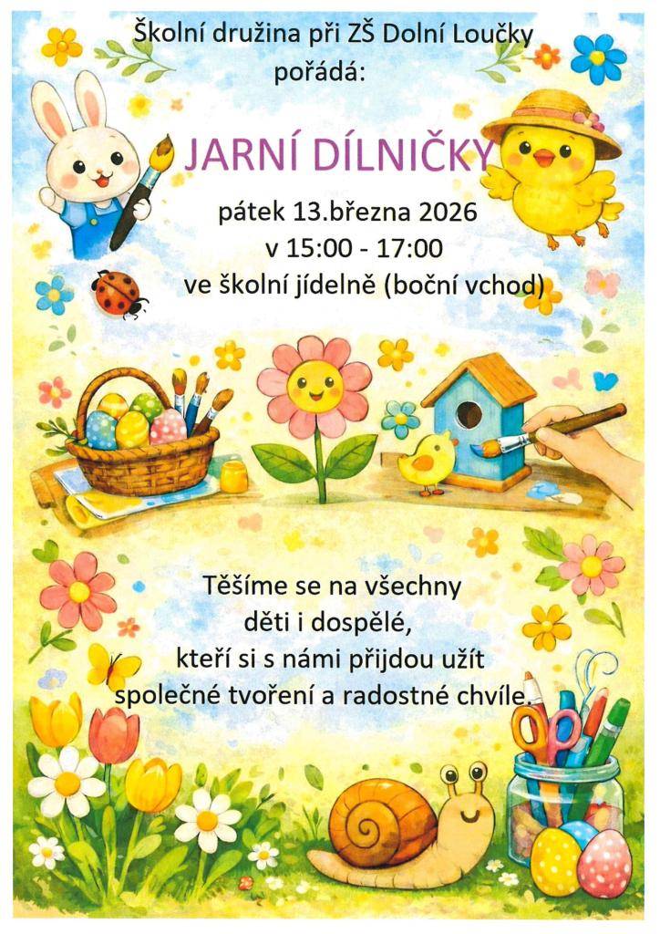 Školní družina při ZŠ Dolní Loučky srdečně zve všechny děti a jejich doprovod na tradiční jarní dílničky, a to v v pátek 13. března od 15:00 do 17:00. Dílničky se konají ve školní jídelně, vstup bočním vchodem ze školního dvora.