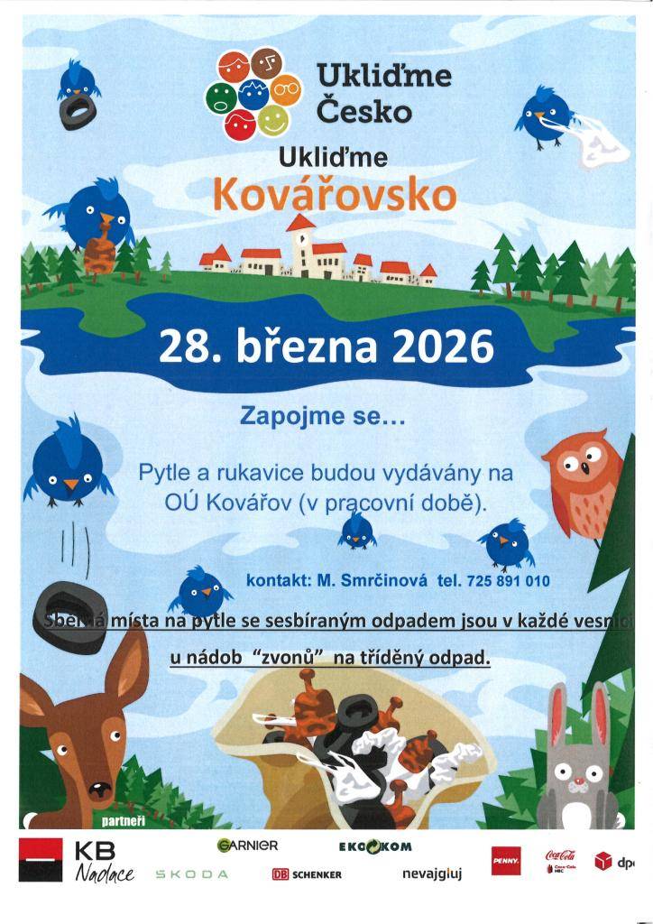 Letos se obec Kovářov opět připojuje k celorepublikové akci Ukliďme Česko.Přijďte se i vy zapojit a pomoci s úklidem naší obce i okolní přírody. Každá ruka se počítá a společně můžeme udělat naše okolí zase o něco krásnější.