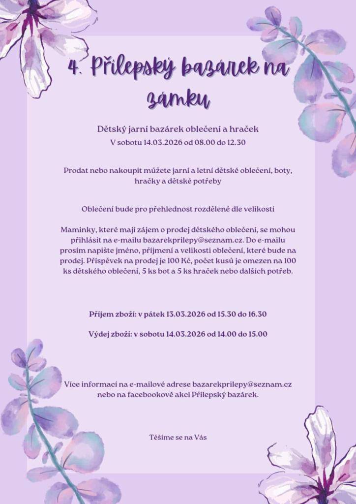 Zveme vás na 4. Přílepský bazárek, který se bude konat v sobotu 14. března 2026 od 8 do 12.30 hodin na zámku.