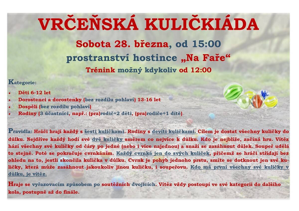 Kdo si hraje, nezlobí. Kdo cvrnká kuličky, umí si hrát. 28. března, symbolicky na den narození Jana Amose Komenského, budeme ve Vrčeni znovu cvrnkat. Loňská premiéra se vydařila, tak i letos doufáme v hojnou účast! Čtyři soutěžní kategorie, hodnotné ceny pro vítěze! Ale pro Vrčeňskou kuličkiádu platí, že není důležité vyhrát, ale zúčastnit se.