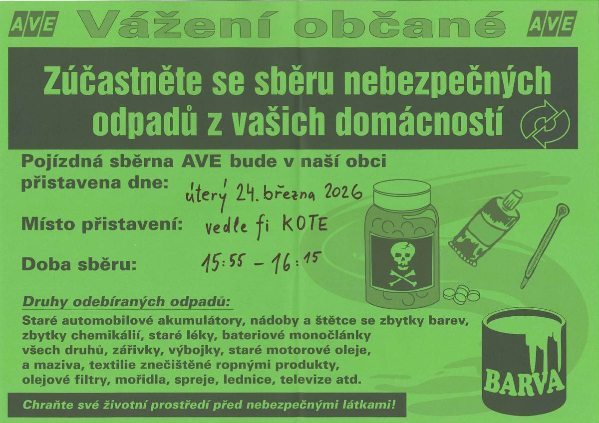 V úterý 24.3.2026 proběhne svoz nebezpečného odpadu. Místo svozu je tradiční vedle firmy KOTE. Čas svozu je 15:55 - 16:15. Od pondělí 23.3.2026 bude na volné ploše vedle firmy KOTE přistaven velkoobjemový kontejner na objemný odpad. Na místě bude do středy dopoledne.