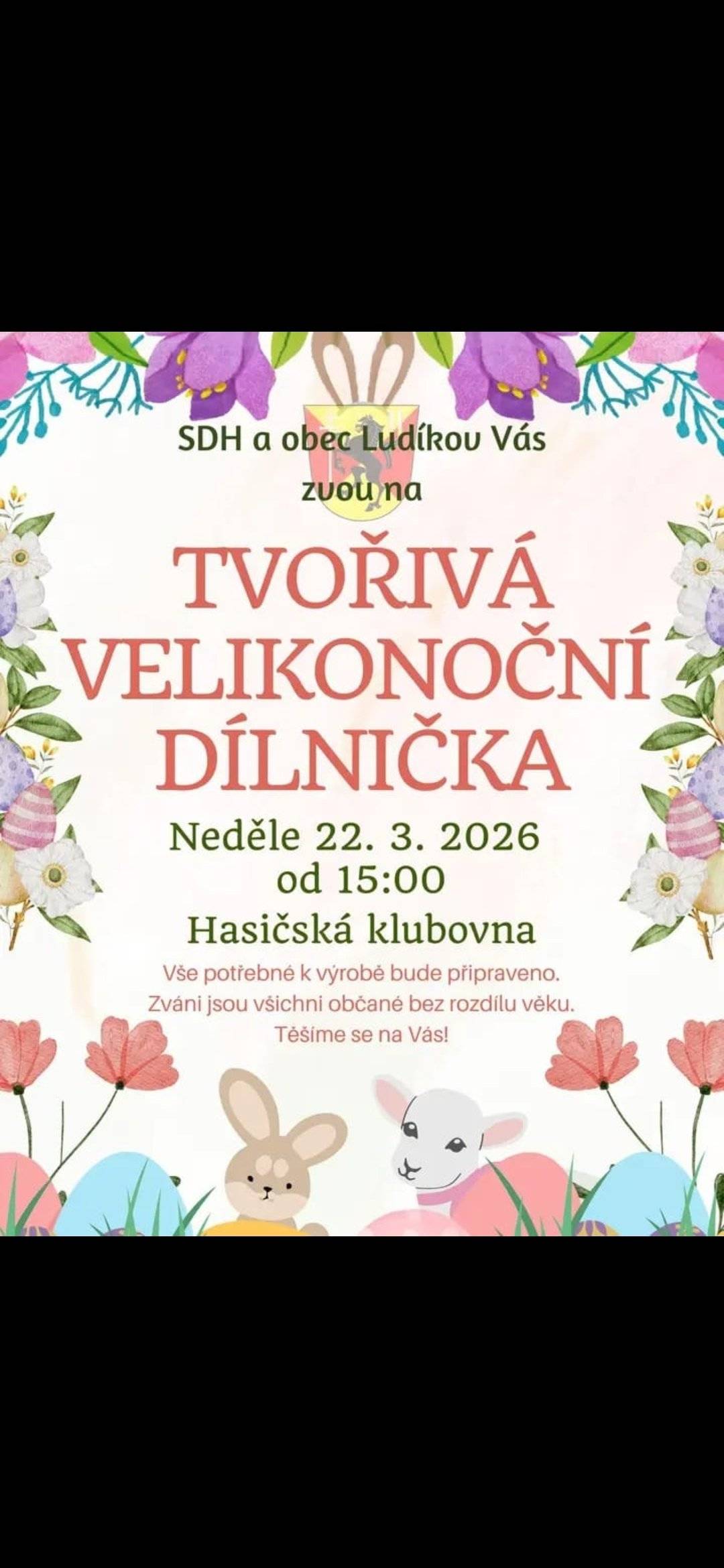 SDH Ludíkov a obec Ludíkov Vás zvou na tvořivou Velikonoční dílničku v neděli 22.03.2026 od 15:00 h v hasičské klubovně. Vše potřebné k výrobě bude připraveno, zváni jsou všichni, bez rozdílu věku. Těšíme se na Vás!