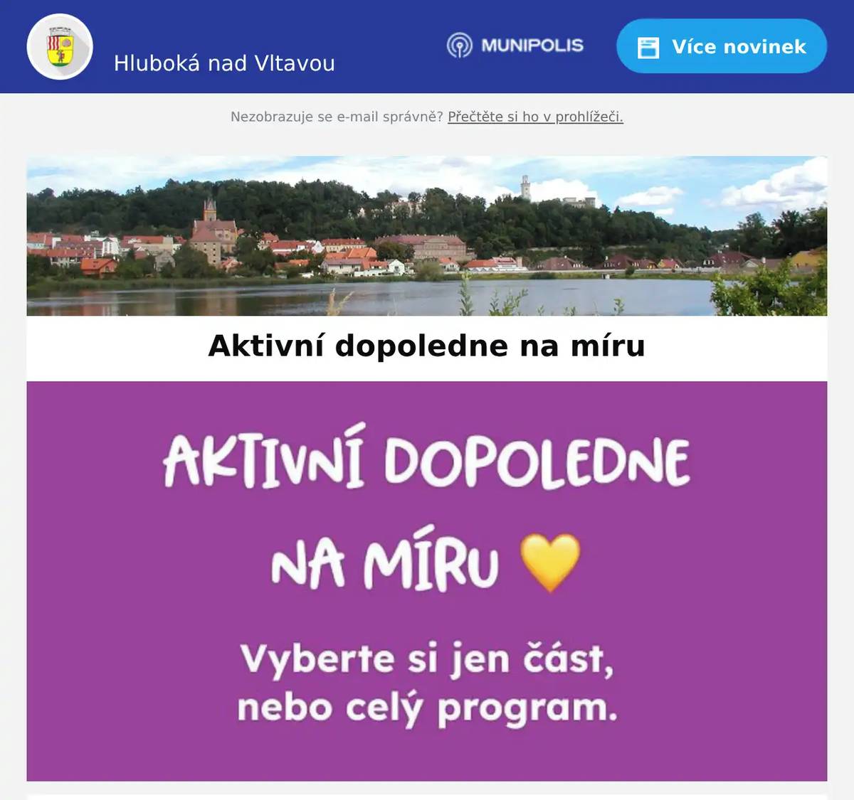 Milí spoluobčané,   𝐇𝐥𝐮𝐛𝐨𝐤𝐚́ 𝐯 𝐩𝐨𝐡𝐲𝐛𝐮 𝐩𝐫𝐨 𝐯𝐚́𝐬 𝐩𝐫̌𝐢𝐩𝐫𝐚𝐯𝐢𝐥𝐚 𝐚𝐤𝐭𝐢𝐯𝐧𝐢́ 𝐝𝐨𝐩𝐨𝐥𝐞𝐝𝐧𝐞 𝐧𝐚 𝐦𝐢́𝐫𝐮 Ve čtvrtek si můžete poskládat program přesně podle sebe — klidně přijdete jen na část, nebo si dáte celé dopoledne.   Co Vás čeká: • 𝐌𝐨𝐧𝐭𝐞𝐬𝐬𝐨𝐫𝐢 𝐡𝐞𝐫𝐧𝐚 (8:00–12:00) Přijďte kdykoliv v čase herny. Dítě může být v herně samostatně, nebo společně s Vámi — podle toho, co mu zrovna sedí. • 𝐁𝐚𝐫𝐫𝐞 𝐩𝐫𝐨 𝐫𝐨𝐝𝐢𝐜̌𝐞 (9:00–10:00) Jemné, ale účinné protažení a posílení — chvíle pro tělo i hlavu. • 𝐇𝐮𝐝𝐛𝐚 & 𝐩𝐨𝐡𝐲𝐛 𝐬𝐩𝐨𝐥𝐮 (10:00–11:00) Hudebně-pohybová lekce pro dítě + rodiče: písničky, říkanky a pohybové hry. 𝐏𝐫𝐨𝐠𝐫𝐚𝐦 𝐣𝐞 𝐝𝐢́𝐤𝐲 𝐩𝐚𝐫𝐭𝐧𝐞𝐫𝐬𝐭𝐯𝐢́ 𝐬 𝐦𝐞̌𝐬𝐭𝐞𝐦 𝐇𝐥𝐮𝐛𝐨𝐤𝐚́ 𝐩𝐫𝐨 𝐨𝐛𝐜̌𝐚𝐧𝐲 𝐇𝐥𝐮𝐛𝐨𝐤𝐞́ 𝐳𝐝𝐚𝐫𝐦𝐚 (𝐬 𝐫𝐞𝐠𝐢𝐬𝐭𝐫𝐚𝐜𝐢́). Info a registrace https://www.hlubokavpohybu.cz/.../hluboka-pratelska-rodine Tip: Znáte někoho z Hluboké, komu by se program mohl líbit? Pošlete mu to dál   Kontakt: tel. 777 147 740www.hlubokavpohybu.czFB - https://www.facebook.com/hlubokavpohybu