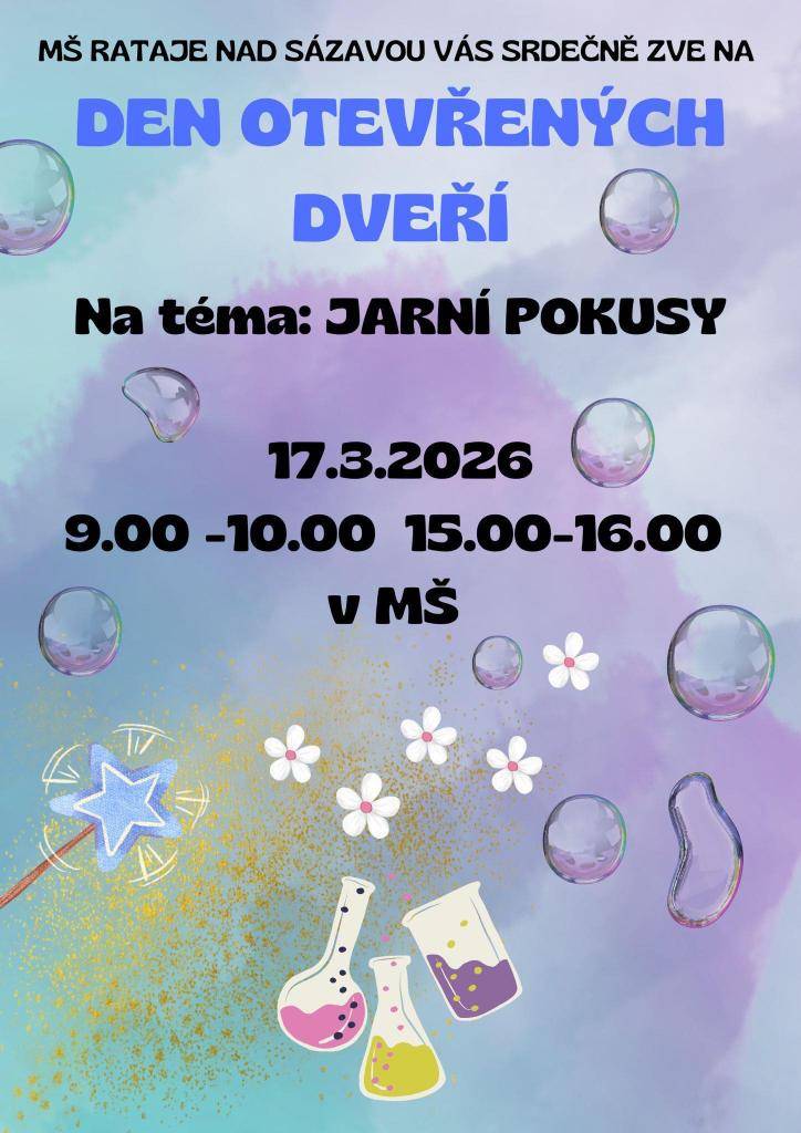 MŠ Rataje nad Sázavou vás srdečně zve na Den otevřených dveří. 19.3.2026 9-10  a 15-16 hodin v MŠ