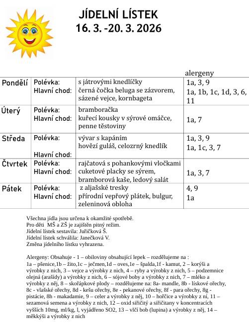 Jídelní lístek od 16. 3. do 20. 3. 2026