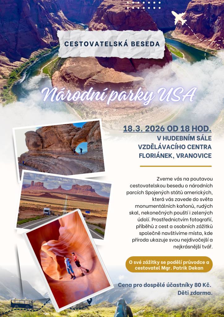 Monumentální kaňony, rudé skalní věže, pouště i zelená údolí – přijďte se podívat do světa amerických národních parků. Cestovatelská beseda s fotografiemi a osobními zážitky vás zavede na místa, kde příroda vytváří jedny z nejúchvatnějších scenérií planety.