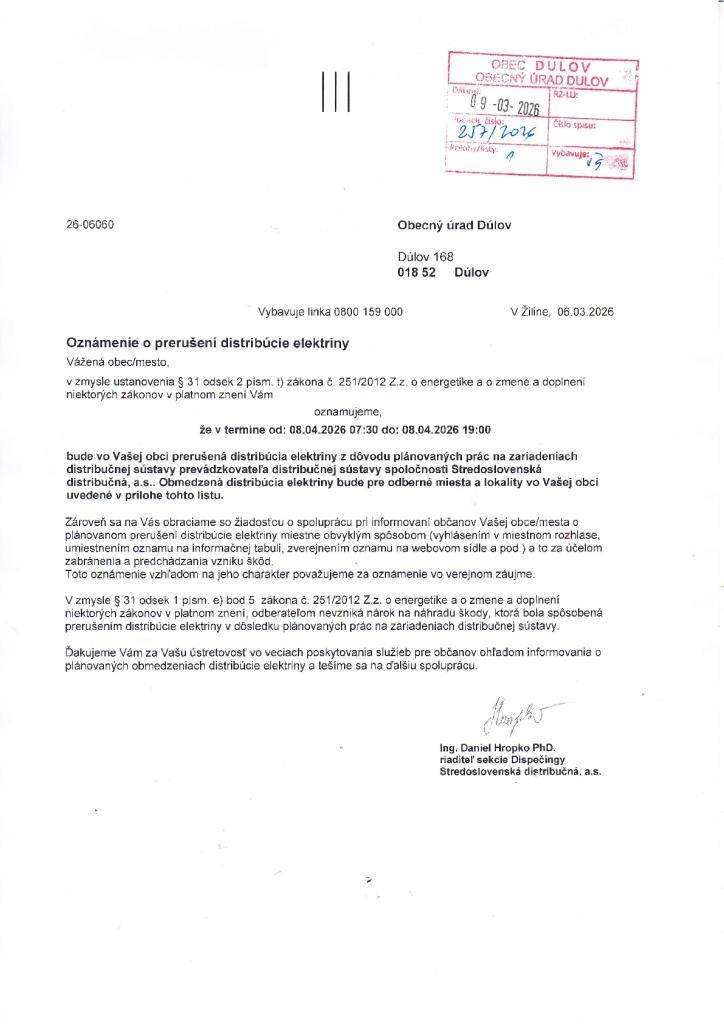 SSD oznamujeme prerušenie elektriny dňa 8.4.2026 v časti obce od s.č. 119 po s.č. 144 vrátane s.č. 273
