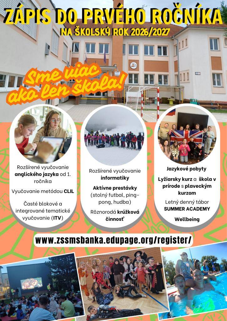 Vážení rodičia, zápis prváčikov na školský rok 2026/2027 je spustený elektronickou formou na  webovej stránke ZŠ. Tešíme sa na Vás na zápise v sobotu 25. apríla.