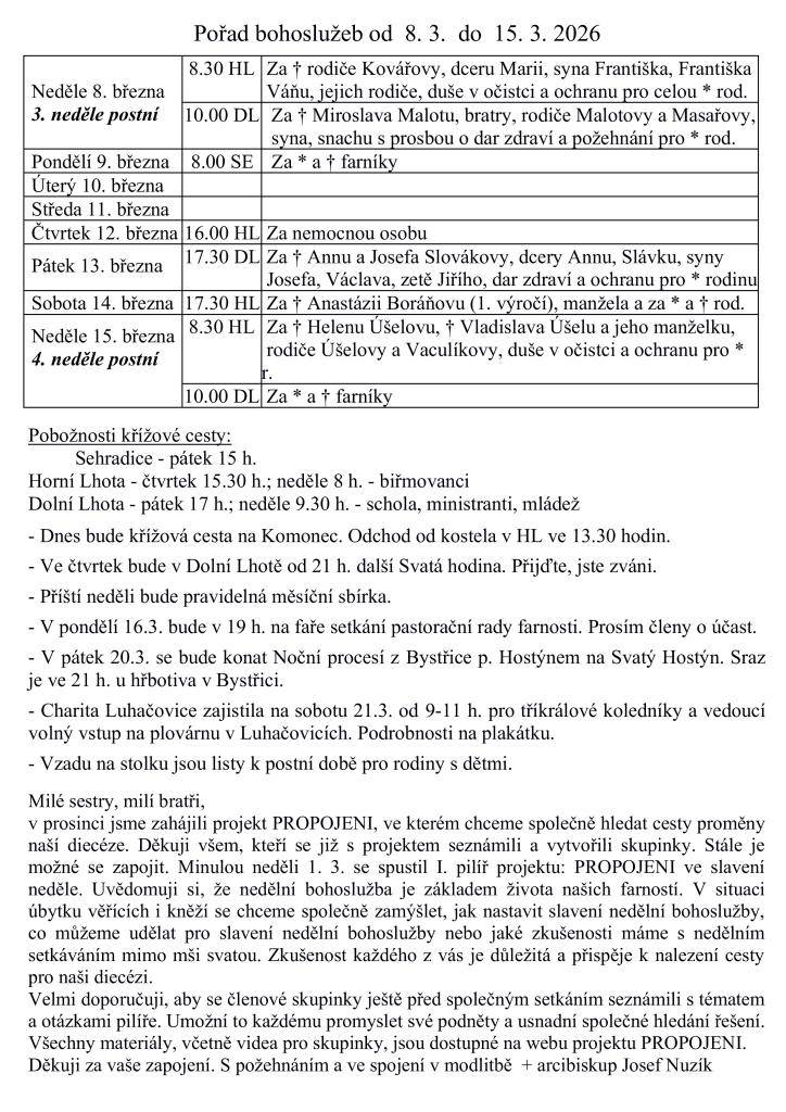 Během týdne od 8. do 15. března 2026 se v naší farnosti uskuteční bohoslužby a pobožnosti. Budou zaměřeny na zdraví a požehnání pro rodiny. Křížové cesty se budou konat v různých obcích v pátek a neděli. Zveme všechny věřící k účasti na těchto událostech a také na setkání pastorační rady 16. března.