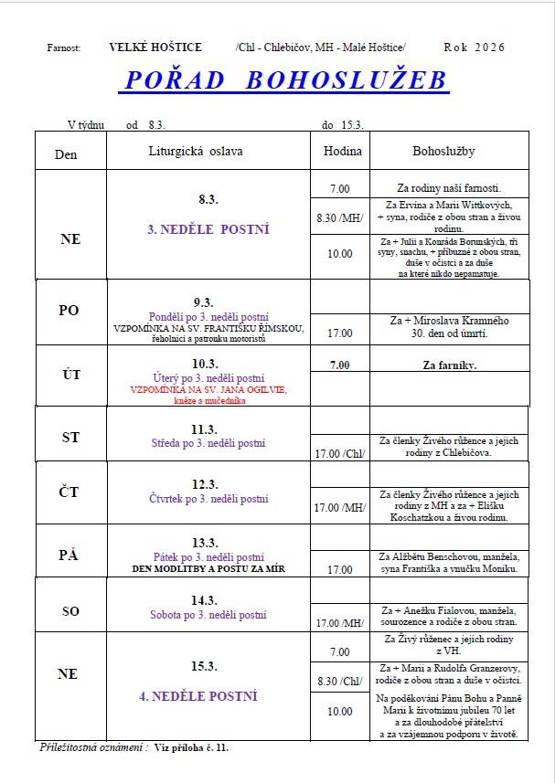 Přehled bohoslužeb pro farnost Velké Hoštice, Malé Hoštice a Chlebičov od 8. 3. do 15. 3. 2026