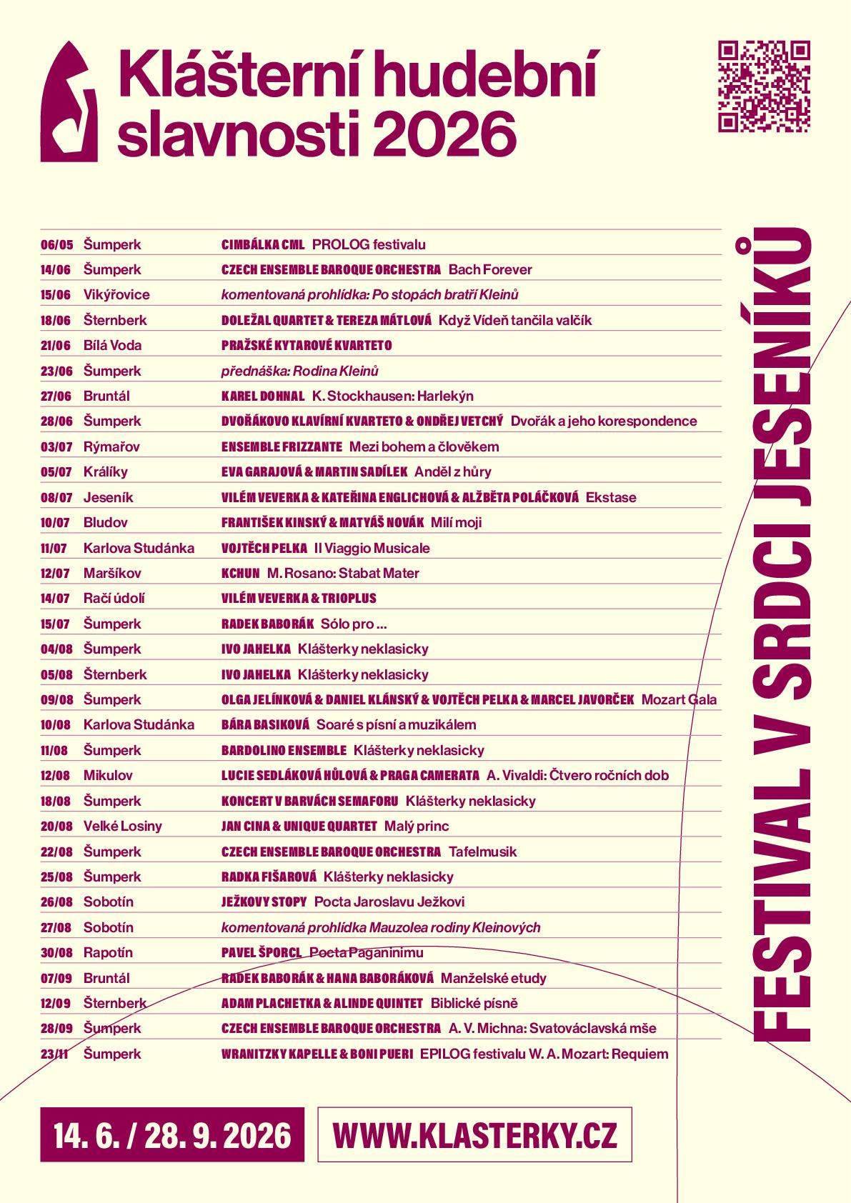 Šumperk a Jeseníky letos prožijí výjimečný kulturní rok. Klášterní hudební slavnosti slaví 20. výročí a vstupují do své třetí dekády s programem, který propojuje světové umění s jedinečnou atmosférou regionu. Letošní program se ponese v duchu tématu Mosty – mosty mezi minulostí a současností, festivalovými místy, regiony, generacemi i hudebními světy. Připomene také odkaz rodiny Kleinových, jejíž příběh je silně spjat s regionem i evropským kulturním kontextem. Dramaturgie letošního ročníku reflektuje významná hudební výročí: 350 let od úmrtí Adama Václava Michny z Otradovic, 270 let od narození Wolfganga Amadea Mozarta a 120 let od narození Jaroslava Ježka. Jubilejní ročník odstartuje 14. června v klášterním kostele Zvěstování Panny Marie v Šumperku koncertem „Bach Forever“ v podání rezidenčního souboru festivalu Czech Ensemble Baroque Orchestra. Symbolicky tak zazní hudba, která spojuje generace i národy – stejně jako festival už dvě desetiletí spojuje místní obyvatele a návštěvníky napříč regionem. Mezi největší hvězdy bude bezesporu patřit basbarytonista Adam Plachetka, který ve Šternberku uvede Dvořákovy Biblické písně, hornista Radek Baborák s mimořádným sólovým programem včetně premiérové úpravy Bachovy Ciaccony, houslový virtuos Pavel Šporcl, jenž v Rapotíně vzdá hold Paganinimu nebo vycházející hvězda operního nebe kontratenorista a rezidenční umělce festivalu Vojtěch Pelka. Tyto hvězdy světových parametrů potvrzují, že festival si i po dvaceti letech drží vysokou uměleckou úroveň. Silnou součástí programu je i nová řada koncertů „Klášterky neklasicky“, která přináší nadhled, humor i žánrové přesahy. Publikum se může těšit na Ivo Jahelku, Bardolino Ensemble, Radku Fišarovou či večer v barvách Semaforu. Festival tak otevírá své dveře všem generacím a dokazuje, že kvalitní hudba může mít mnoho podob. Na tři desítky koncertů zazní v Šumperku, Šternberku, Velkých Losinách, Karlově Studánce, Jeseníku, Bruntále, Sobotíně i v dalších koutech nádherné přírody Jeseníků. Každý z nich nese silný vztah k místu – k historii klášterů, šlechtických rodů i kulturní paměti kraje. Klášterní hudební slavnosti si postupně vybudovaly pevné místo na kulturní mapě České republiky. Do historických kostelů, zámků i lázeňských sálů přivádějí špičkové interprety a zároveň vracejí hudbu tam, kam patří – do živého prostoru měst, obcí a přírody Jeseníků a okolí. „Dvacet let existence festivalu je pro nás především příběhem lidí – posluchačů, umělců i partnerů, kteří mu vtiskli svou energii a tvář, zároveň mu dali smysl a podobu a vytvořili z něj živý a jedinečný prostor setkávání. Jsme hrdí, že se nám podařilo vybudovat tradici, která má kořeny v regionu, a zároveň svou kvalitou přesahuje jeho hranice. Přejeme si, aby hudba i nadále propojovala náš kraj se světem,“ říká ředitel festivalu Roman Janků. www.klasterky.cz Podrobný program a vstupenky on-line: https://klasternihudebnislavnosti.cz/program/ Informace o klubu mecenášů: https://klasternihudebnislavnosti.cz/klub-mecenasu/ KONTAKT: Roman Janků, 603 491 979 – ředitel festivalu Soňa Singerová, 602 106 621 – PR