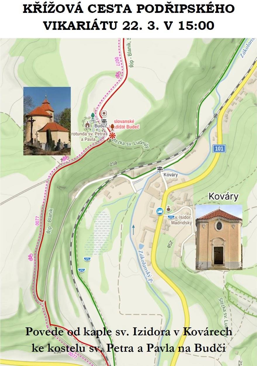 Vážení sousedé, v neděli 22. března 2025 se od 15 hodin se uskuteční od kaple sv. Izidora v Kovárech KŘÍŽOVÁ CESTA PODŘIPSKÉHO VIKARIÁTU NA BUDEČ Předpokládaná délka cca 1 - 1,5 hodiny. Co je křížová cesta? Křížová cesta (latinsky Via Crucis nebo Via Dolorosa) je v katolické tradici pobožnost, která věřícím umožňuje duchovně doprovázet Ježíše Krista na jeho poslední cestě z Pilátova paláce na horu Kalvárii (Golgotu), kde byl ukřižován a následně uložen do hrobu. Tato meditativní modlitba připomíná utrpení, smrt a vzkříšení Ježíše a je zvláště populární během postní doby a na Velký pátek. Historie a podoba: Pobožnost má kořeny v uctívání svatých míst v Jeruzalémě, které začalo již v prvních staletích křesťanství. Formování 14 zastavení, jak je známe dnes, se ustálilo v 17. století. Obrazy křížové cesty jsou umístěny téměř v každém katolickém kostele, ale často tvoří i poutní cesty v přírodě či na kopcích (např. na Svatém kopečku v Mikulově). Křížová cesta farnosti Odolena Voda Každý rok se farnost Odolena Voda během doby postní vydává na některý vrch s křížovou cestou nebo kaplí a cestou se připomíná 14 zastavení Ježíše na cestě na kříž. Letos je naplánovaná venkovní křížová cesta od kaple sv. Izidora v Kovárech po cestě na Budeč. Cestou na Budeč je naplánováno 14 zastavení, při kterých se budou číst příslušné texty, které věřící přiblíží historické události Velikonoc pro život víry. Přesná podoba (jedna nebo více skupinek) atd. bude známo na místě dle aktuální situace.