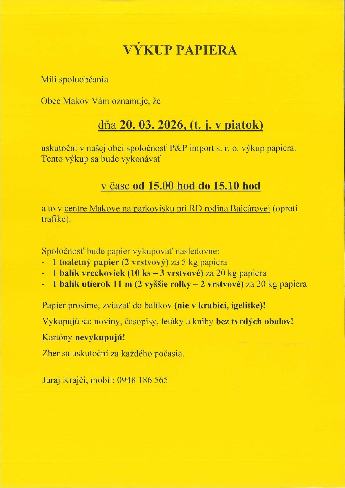 Výkup papiera 20.03.2026