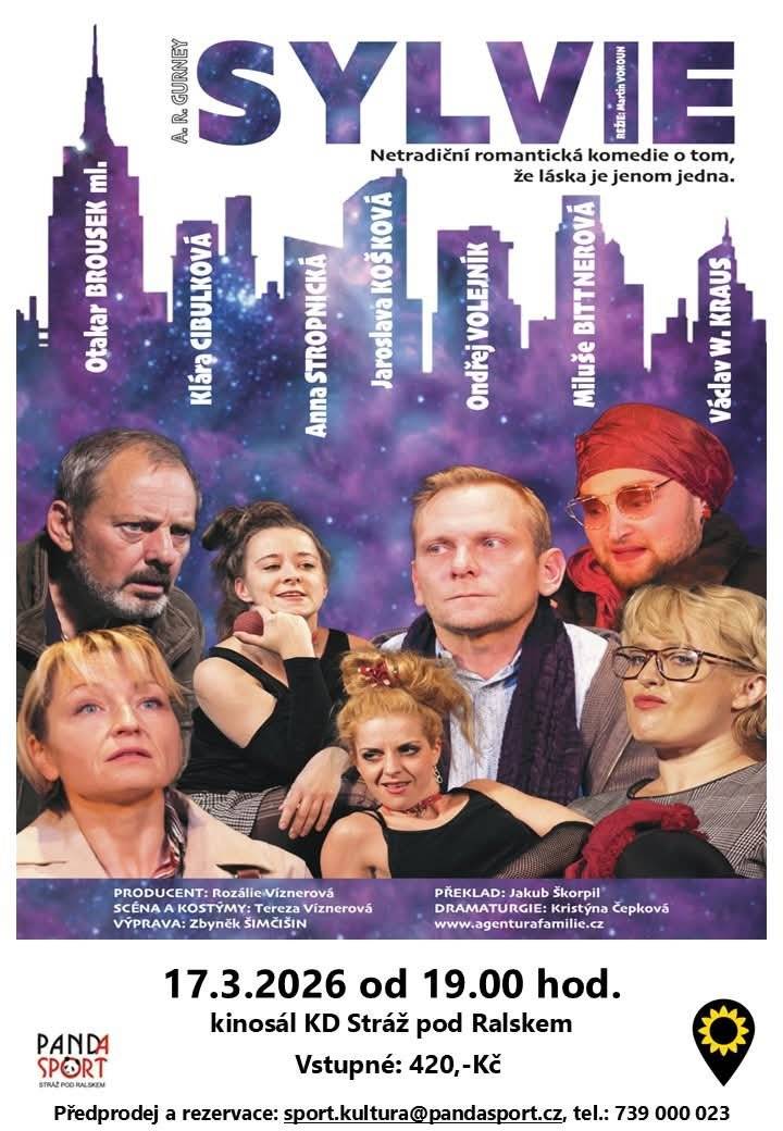 Zveme Vás na divadelní představení Sylvie, které se uskuteční v úterý 17. března 2026 od 19.00 hodin v kinosále KD Stráž pod Ralskem. Netradiční romantická komedie přináší příběh plný humoru, vztahů a nečekaných situací. Vstupné: 420 Kč Předprodej a rezervace: sport.kultura@pandasport.cz tel.: 739 000 023
