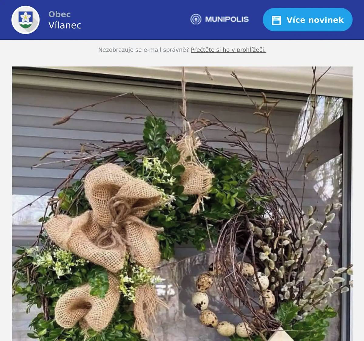 Přijďte si vyrobit jarní věnec na dveře V pondělí od 16 hodin ve Vílanci