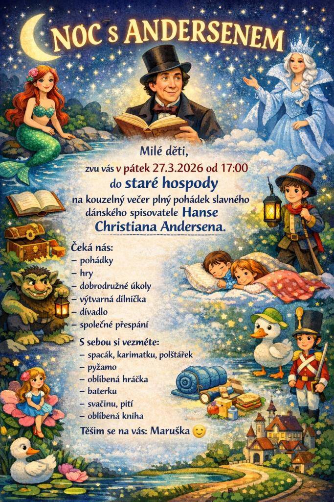 Pozvánka na Noc s Andersenem, která se koná ve staré hospodě 27.3.2026 od 17:00 hod.
