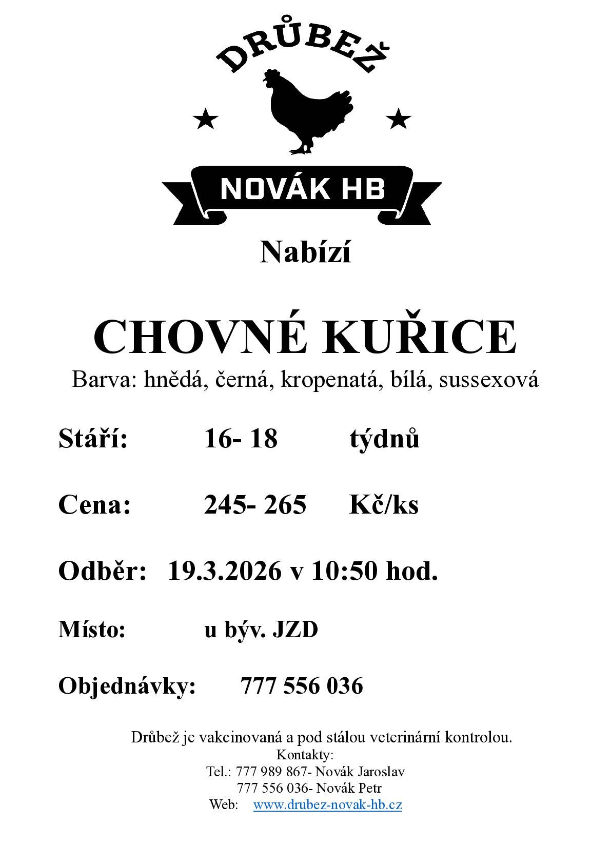 Nabízí CHOVNÉ KUŘICE Barva: hnědá, černá, kropenatá, bílá, sussexová Stáří:           16- 18          týdnů  Cena:          245- 265      Kč/ks  Odběr:   19.3.2026 v 10:50 hod.  Místo:             u býv. JZD  Objednávky:       777 556 036              Drůbež je vakcinovaná a pod stálou veterinární kontrolou. Kontakty: Tel.: 777 989 867- Novák Jaroslav   777 556 036- Novák Petr Web:    www.drubez-novak-hb.cz
