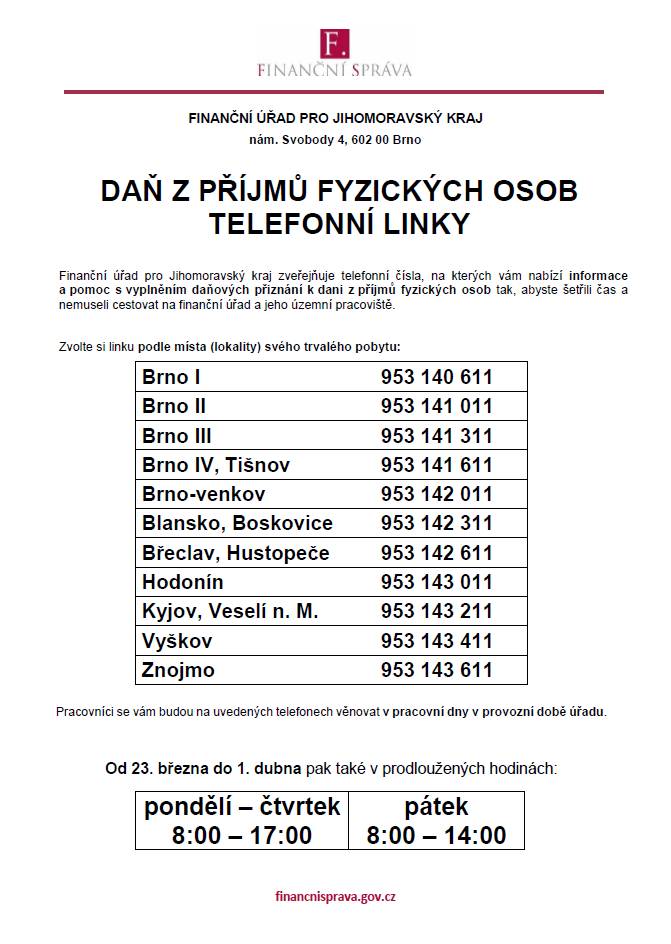 Finanční úřad pro Jihomoravský kraj zveřejňuje telefonní čísla, na kterých vám nabízí informace a pomoc s vyplněním daňových přiznání k dani z příjmů fyzických osob tak, abyste šetřili čas a nemuseli cestovat na finanční úřad a jeho územní pracoviště.