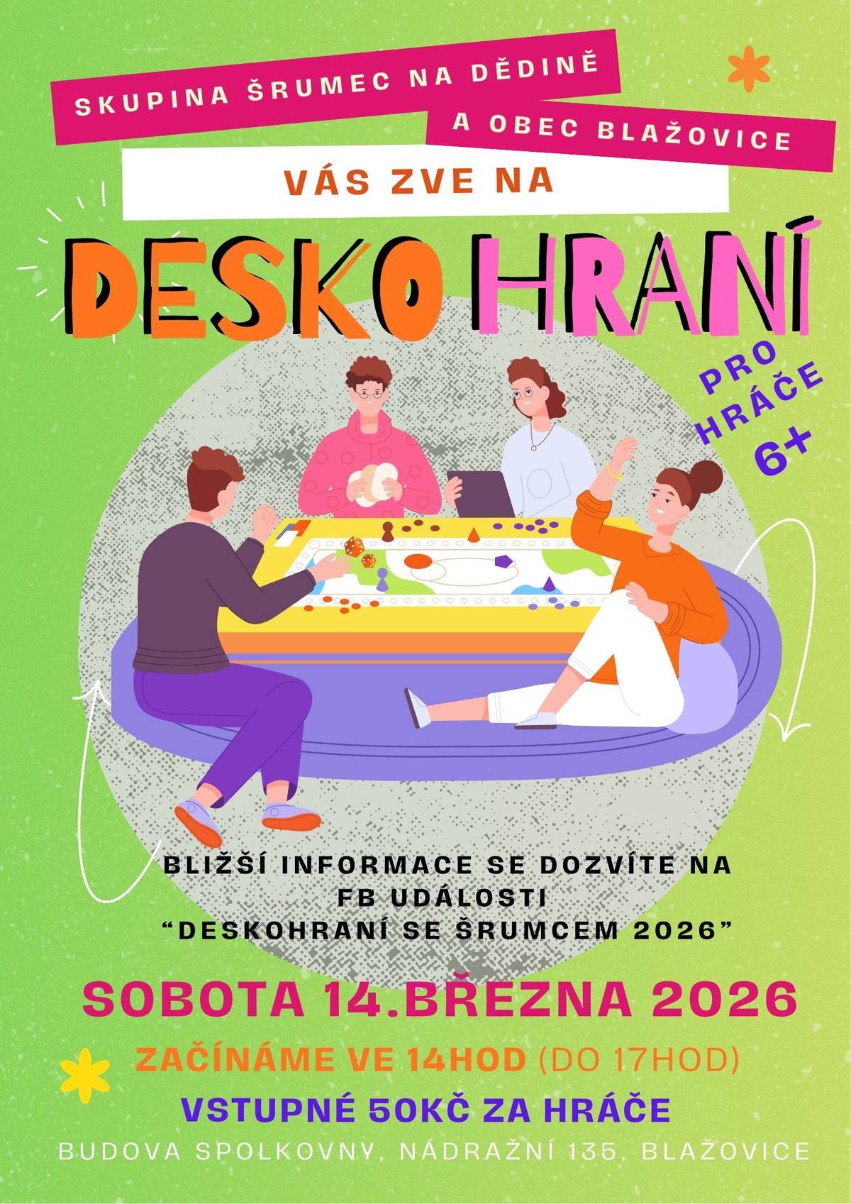 14.3.2026 14:00 - 17:00 h  Spolkovna, Nádražní 135, Blažovice