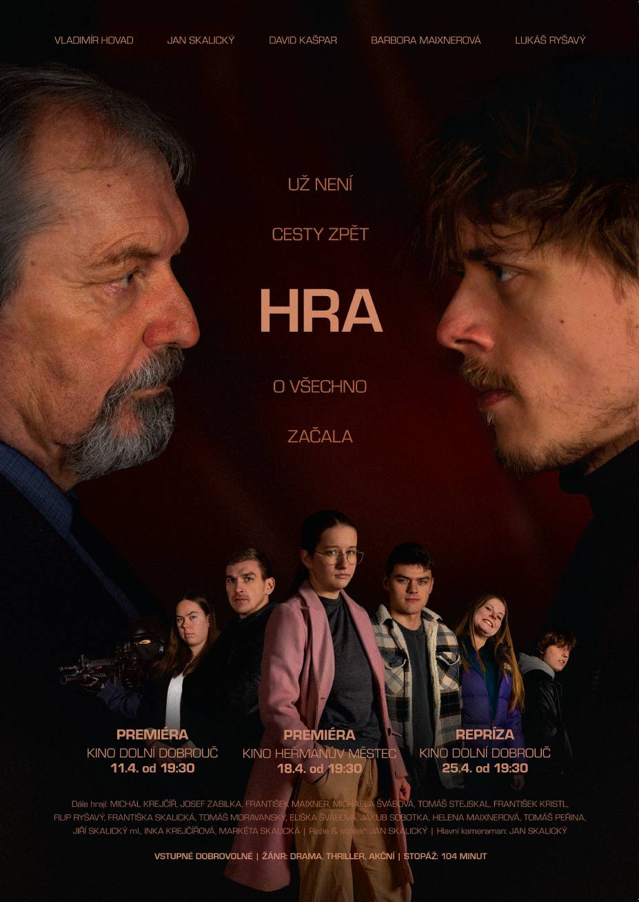 „Amatérská skupina BaHoLu vás srdečně zve na projekci nového celovečerního filmu Hra, které se uskuteční v sobotu 11. a 25. dubna od 19:30 v dobroučském kinosále. V rámci promítání proběhne otevřená diskuze s herci. Vstupné je dobrovolné.“