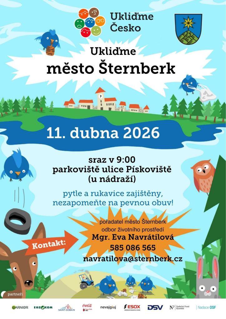 Tradiční akce Ukliďme Česko proběhne ve Šternberku v sobotu 11. dubna 2026, dobrovolníci se mohou hlásit na odboru životního prostředí městského úřadu u paní Evy Navrátilové, tel.:  +420 585 086 565, e-mail: navratilova@sternberk.cz.  Pytle a rukavice jsou zajištěny.