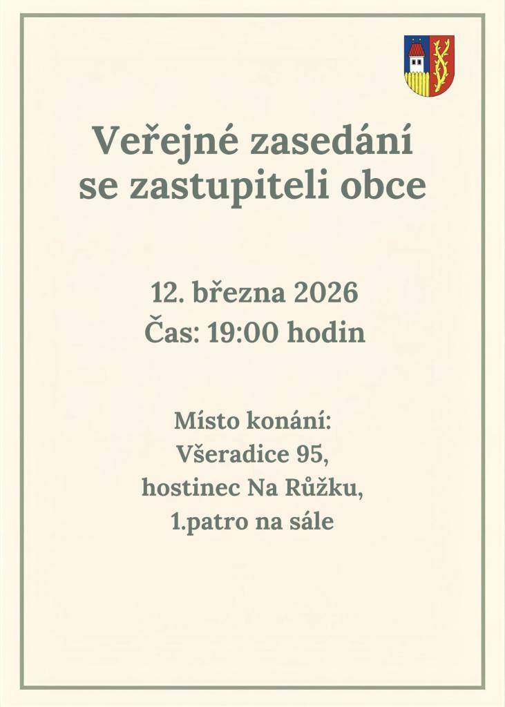 Zveme vás na veřejné zasedání zastupitelstva obce, které se koná 12. března 2026 od 19:00 hodin. Setkání se uskuteční v hostinci Na Růžku, v prvním patře na sále.