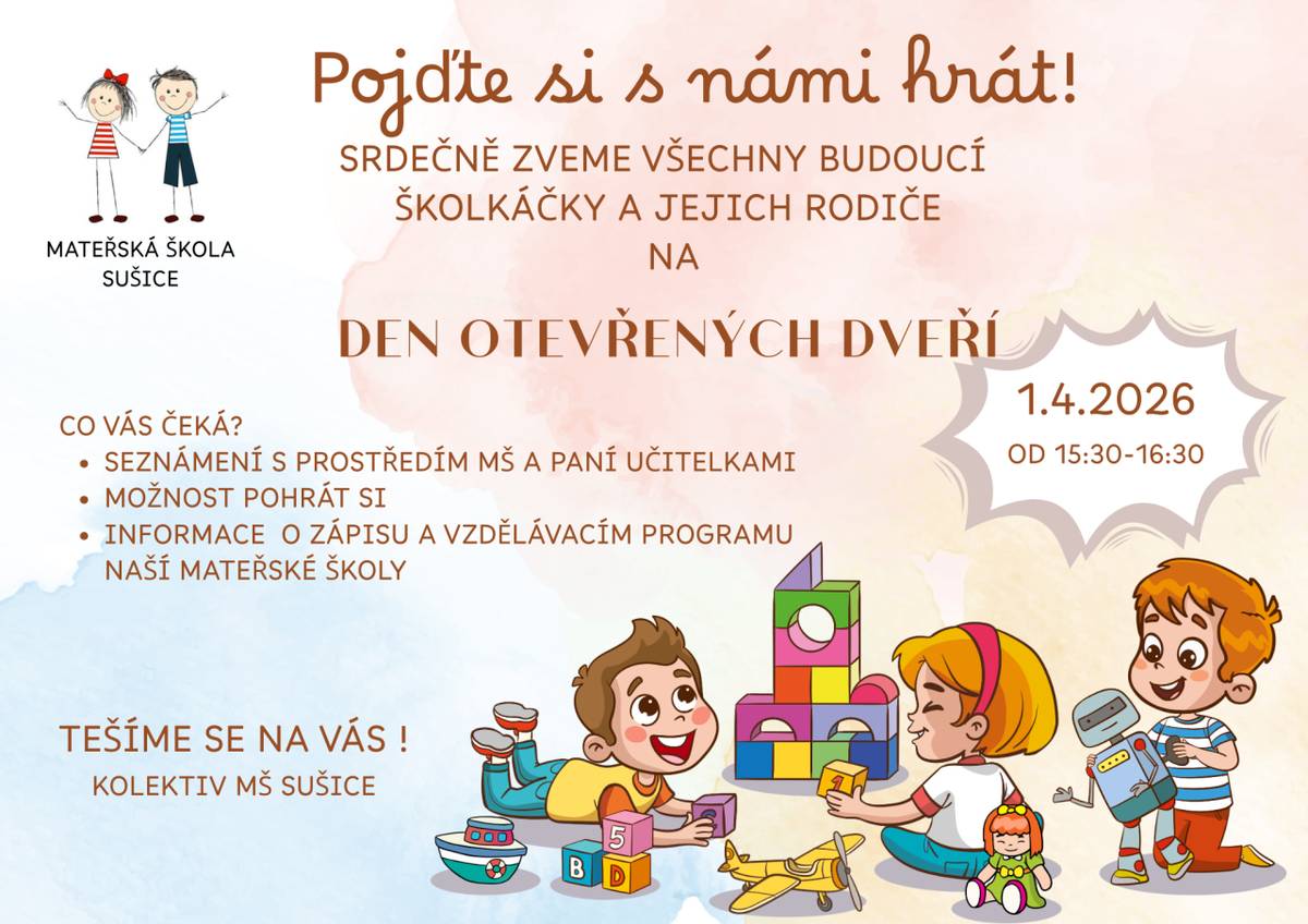 Den otevřených dveří v naší Mateřské škole 1.4.2026 od 15:30 - 16:30