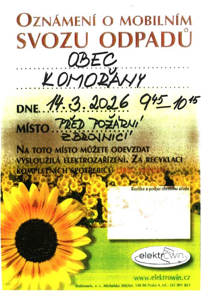 V sobotu 14.3.2026 proběhne od 9:45 do 10:15 hodin před požární zbrojnicí sběr a odvoz nebezpečného odpadu a elektrozařízení.