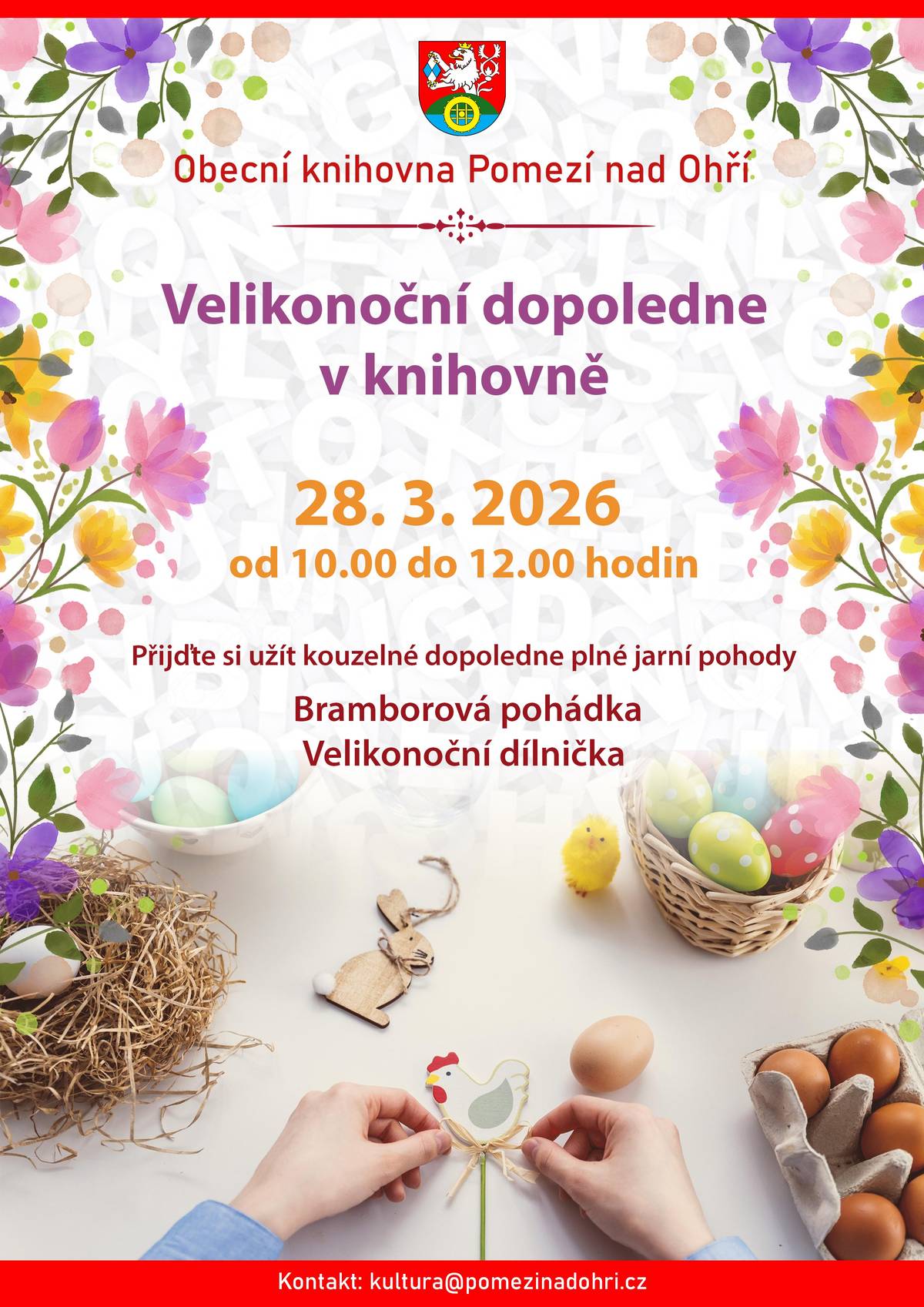 Obecní knihovna Pomezí nad Ohří zve děti 28. 3. 2026 na velikonoční dopoledne plné jarní pohody, pohádek a tvoření.