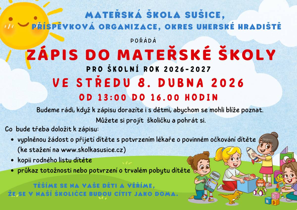 Zápis do Mateřské školy Sušice ve středu 8. dubna od 13:00 - 16:00 hodin.