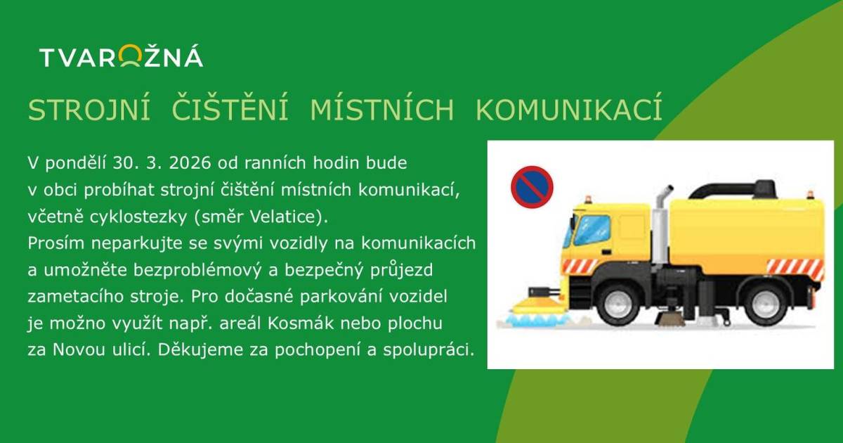 Strojní čištění místních komunikací bude probíhat v pondělí 30. března.