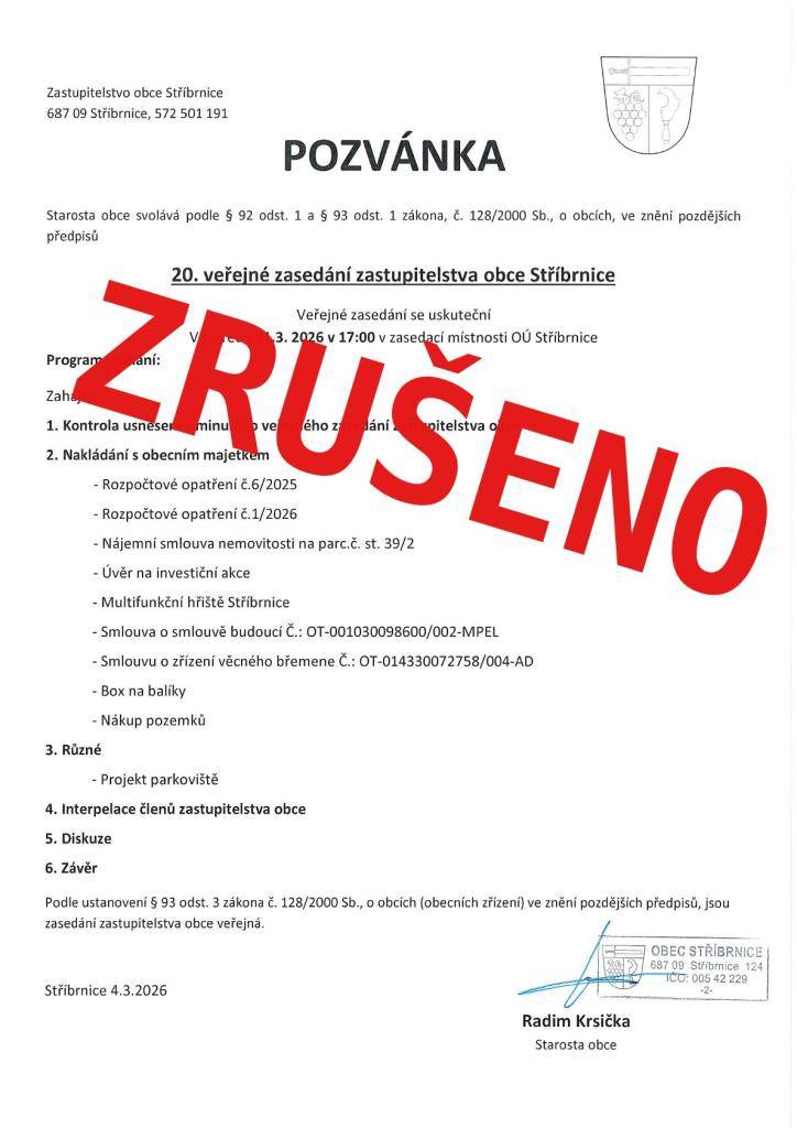 ZRUŠENÍ VEŘEJNÉHO ZASEDÁNÍ   Vzhledem k vysokému počtu indisponovaných zastupitelů jsme nuceni zrušit Veřejné zasedání, které bylo naplánováno na 11.3.2026. O novém termínu budeme neprodleně informovat. Děkujeme za pochopení.