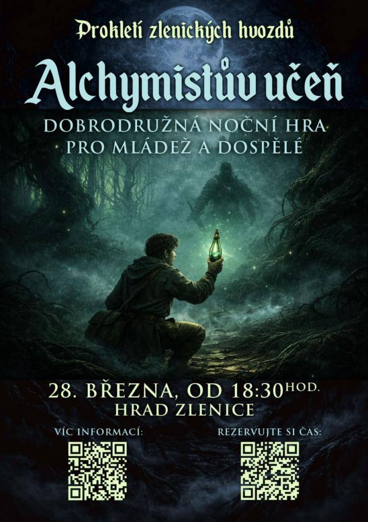 Po loňské úspěšné dobrodružné noční hře Prokletí zlenických hvozdů se letos koná nová bojovka pro mládež a dospělé Alchymistův učeň.   Registrace předem nutná viz plakát.